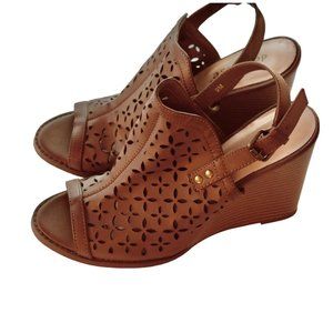 Women's Dollhouse Brown Open Toe cutout Slingback Wooden Wedge 9